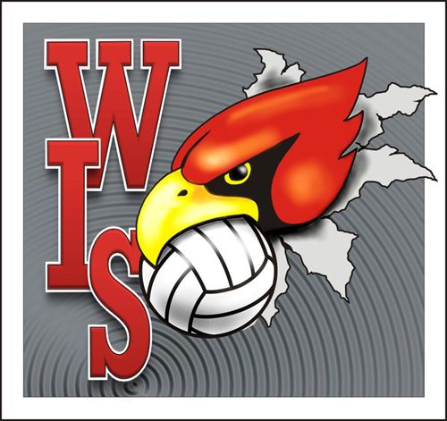 WIS Cardinal with a volleyball in the cardinal